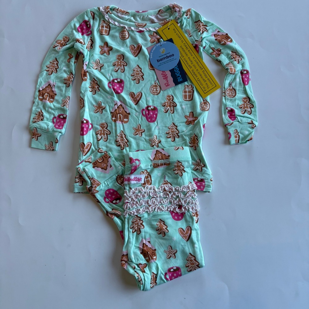 Rufflebutts Toddler Girls 18-24M Mint Gingerbread‎ Joy Bamboo Pajama Set Holiday